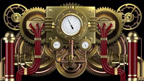Animated Steampunk Machine with Rotating Gears and Gauges Loop