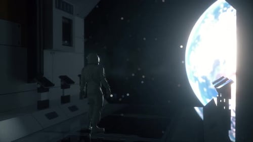 Astronaut Gazing at Radiant Earth from Futuristic Space Station