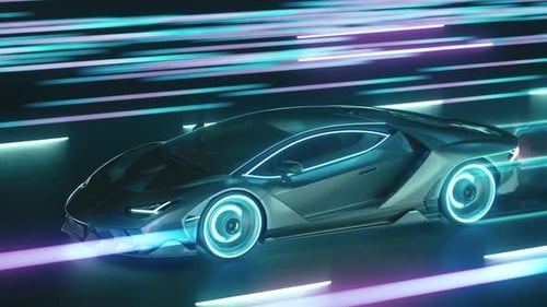 Sports Cyber Neon Car Rushes Along the Night Road with Neon Lights at High Speed