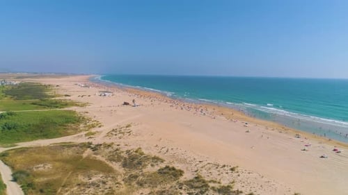 Sandy beach with people on sunny day
