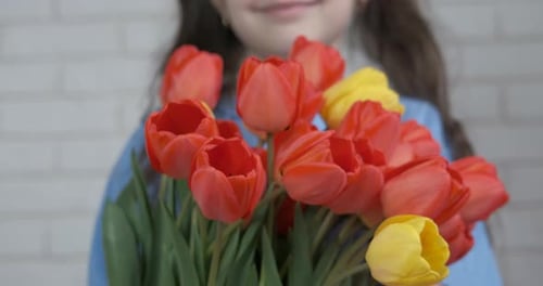 Girl Smiles Holding Red and Yellow Tulip Bouquet