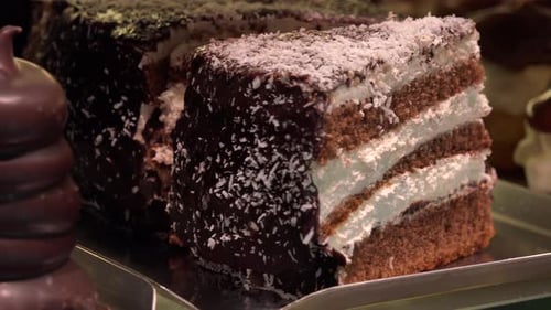 Assortment of tempting chocolate desserts in display case