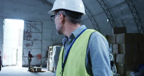 Engineer Supervising a Robot in a Warehouse
