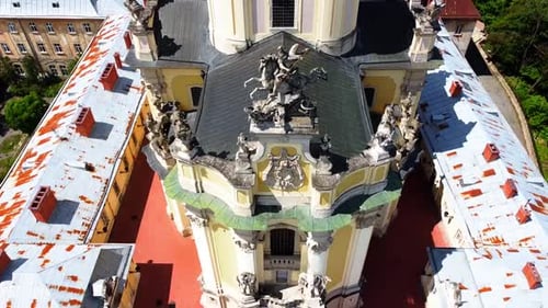 Aerial drone view of a flying over the Catholic Cathedral