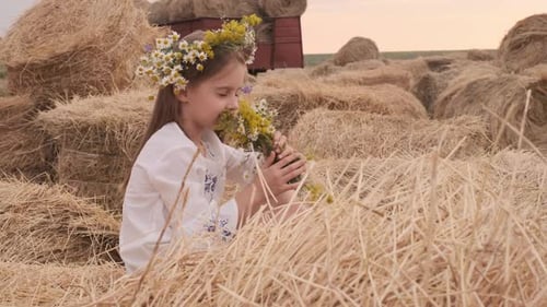 Child with Wildflowers on Rural Farm at Sunset