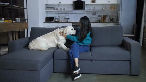 Woman Puts Her Arm Around Golden Retriever On Couch