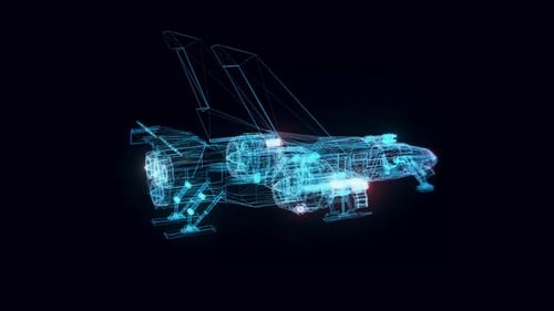 Futuristic Holographic Spaceship Blueprint Wireframe Animation
