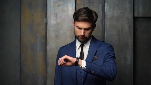 Young Handsome Stylish Businessman, 4x Slow Motion, Looking at Watch