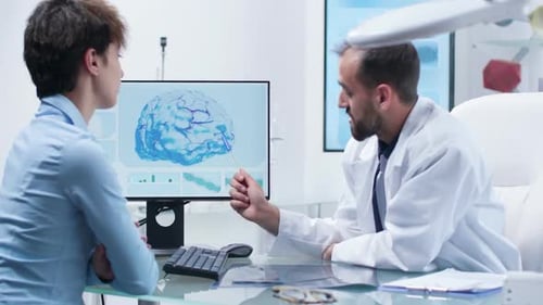 Doctor Explains Brain Graphic to Patient in Clinic