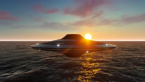 UFO Flying Saucer Hovering Over Ocean at Sunset Animation