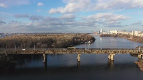 Beautiful Aerial View of City Traffic on the Bridge at the Sunny Day