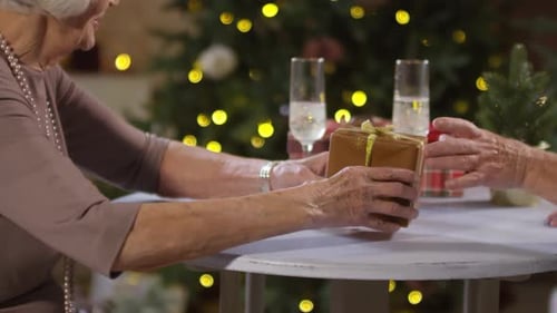 Senior Couple Exchanging Gifts at Christmas