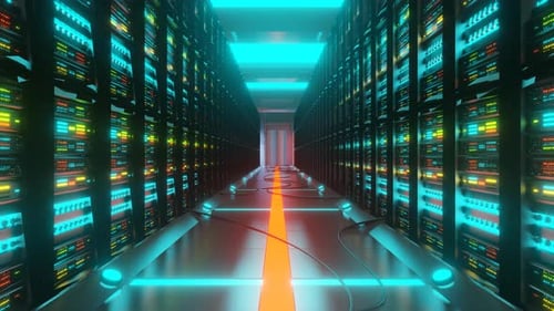 Data Center with Server Racks in a Corridor Room