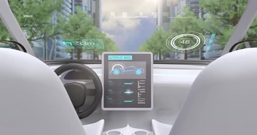 Video game simulation screen showing car cockpit driving through city streets