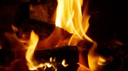 Crackling Fireplace with Bright Flames and Dark Logs