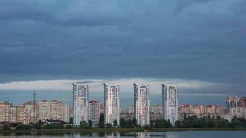 City Near The River In Good Weather, Sunset, Time Lapse
