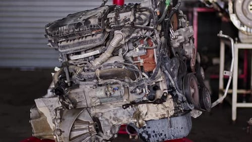 Fehlerhafter Automotor, der in der Werkstatt aus dem Auto zerlegt wurde