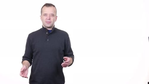 Adult Man Presents on White Background