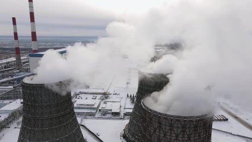 Three Thermal Towers Burn Coal and Emit Thick Clouds of Smoke Into the Atmosphere