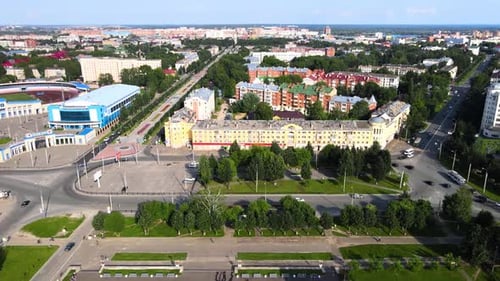 Aerial view of city at summer. Real estate, top down view of residential houses.