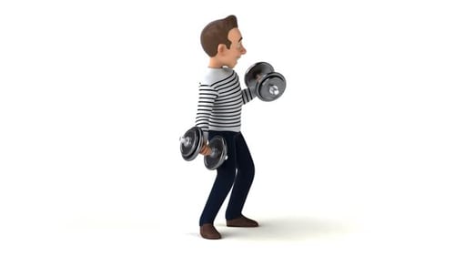 Animated 3D Cartoon Man Exercising with Dumbbells