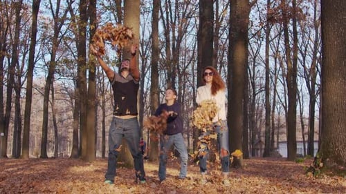 Family Having Fun in Autumn Park. Mom Father and Son Throw Up Yellow Leaves, Amusement.