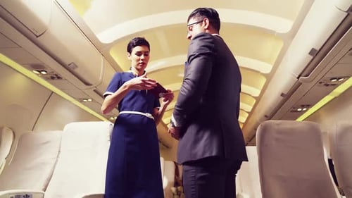 Cabin Crew Greeting Passenger in Airplane
