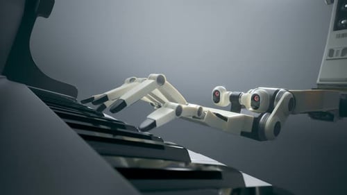 AI Robot Hand Playing Futuristic Piano Keys