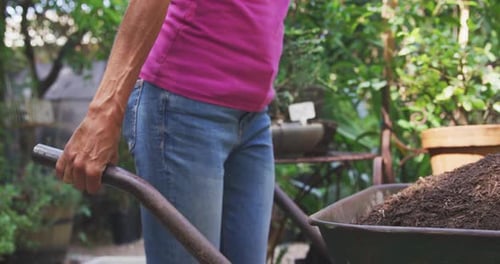 Woman pushing a wheelbarrow and gardening in a botanical garden