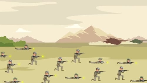 2D Flat Design Animation of Soldiers Firing Rifles on a Battlefield