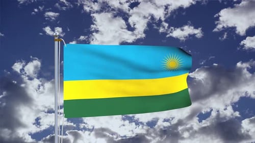 Flag of Rwanda Waving in Wind Against Cloudy Sky