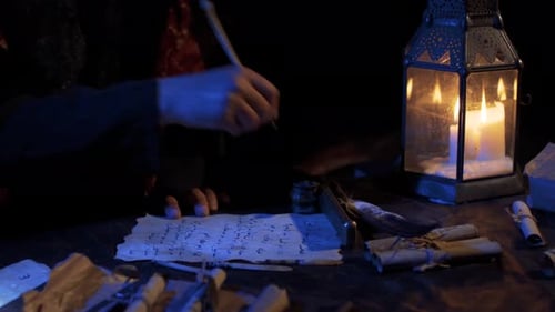 Person Writing with Quill by Candlelight at Night