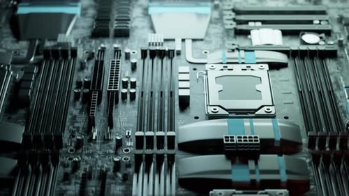 Survol en boucle de la carte de circuit imprimé de l'ordinateur, des transistors, de l'électronique matérielle. 4K