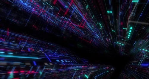 Flying over abstract motion background, a futuristic circuit board loop