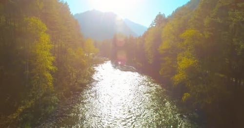 Low Altitude Flight Over Fresh Fast Mountain River with Rocks at Sunny Summer Morning