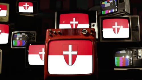 Vintage Televisions Displaying Flags and Static