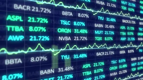 Animation of stock market display with stock market tickers and graphs 4k
