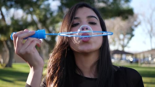 Gros plan d'une jeune femme heureuse jouant et souriant tout en soufflant des bulles dans le parc de rêve