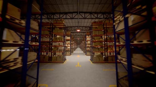 Ride through the warehouse interior with infinite packages amount. Loopable. HD