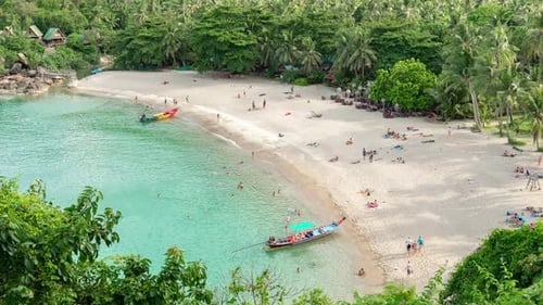 Aerial view of sandy beach with people in sea bay with transparent blue water in summer