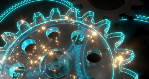 Animated Industrial Gears with Glowing Neon Edges and Sparks