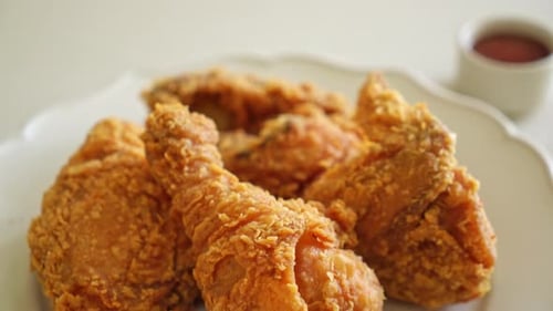 Crispy Fried Chicken on Plate, Delicious Meal