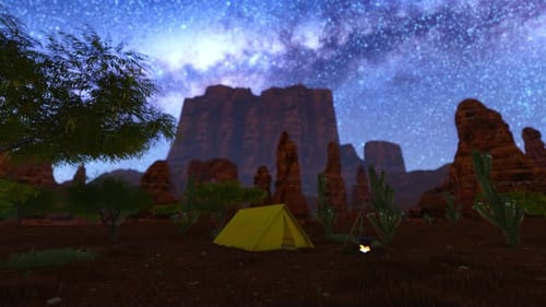 Milky Way Over An Illuminated Tent In A Summertime Camping