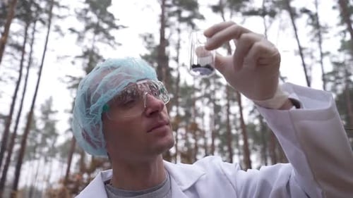 In the Forest, an Ecologist Takes Samples of Plants and Puts Them in a Test Tube