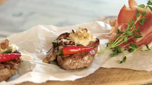 Delicious Steak Dishes Presented on a Wooden Board