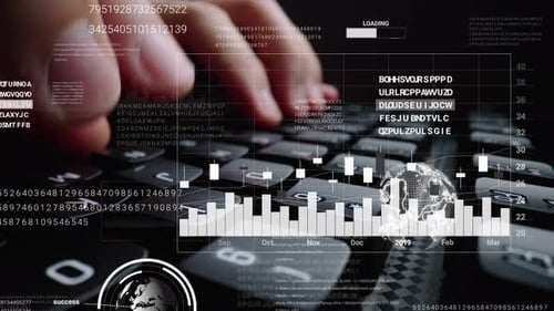 Mann arbeitet an Laptop-Tastatur mit grafischer Benutzeroberfläche, GUI-Hologramm
