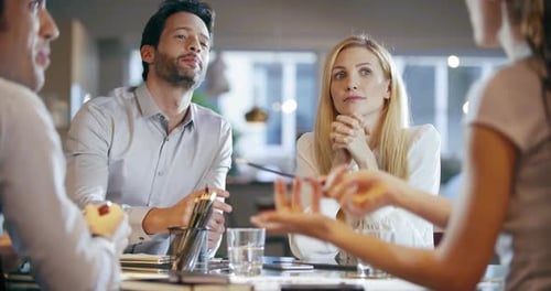 Corporate Business Team Work Meeting at office.Four Caucasian Businessman and Businesswoman People