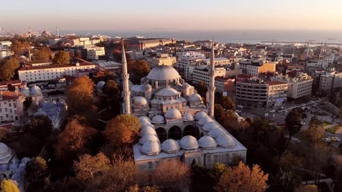 Sehzade mosque in Istanbul. View from a height at sunset in autumn.
