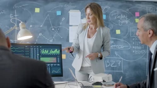 Caucasian Businesswoman Presenting Charts at Blackboard