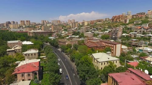 Sunny Day in Yerevan Town, Aerial View of Old Buildings and Streets, Cityscape